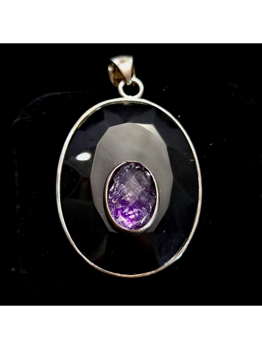 Black Onyx Purple Quartz 925 Sterling Silver Pendant 19.2g Vintage 2005 HSN